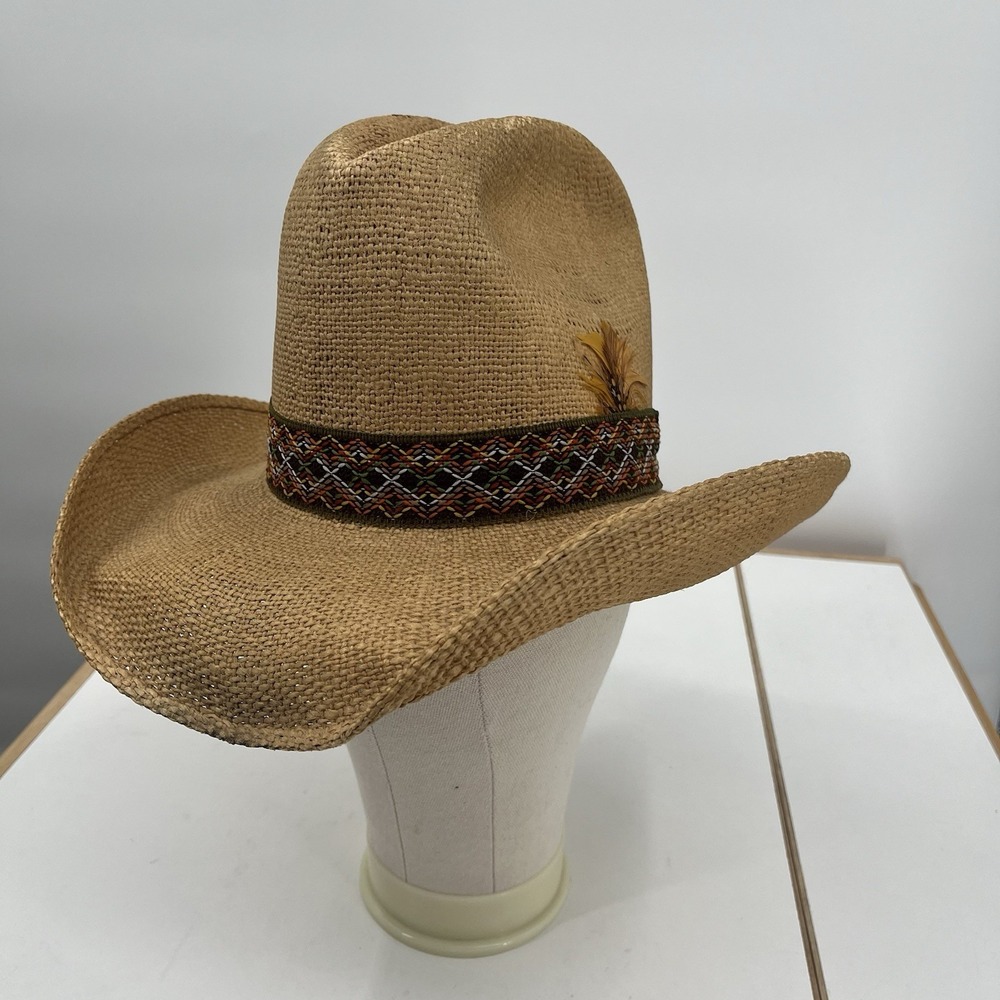 Vintage Bobs Western Wear Texas Larry Mahan Straw‎ Cowboy Hat Feather 21"